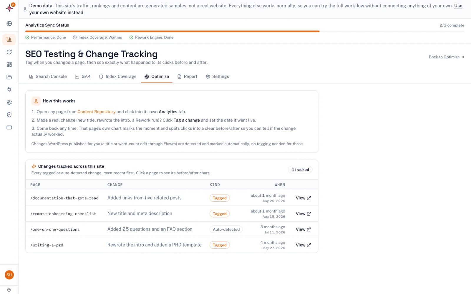 Flowra's SEO Testing and Change Tracking page listing tracked changes per page, with a description of each change and when it was tagged