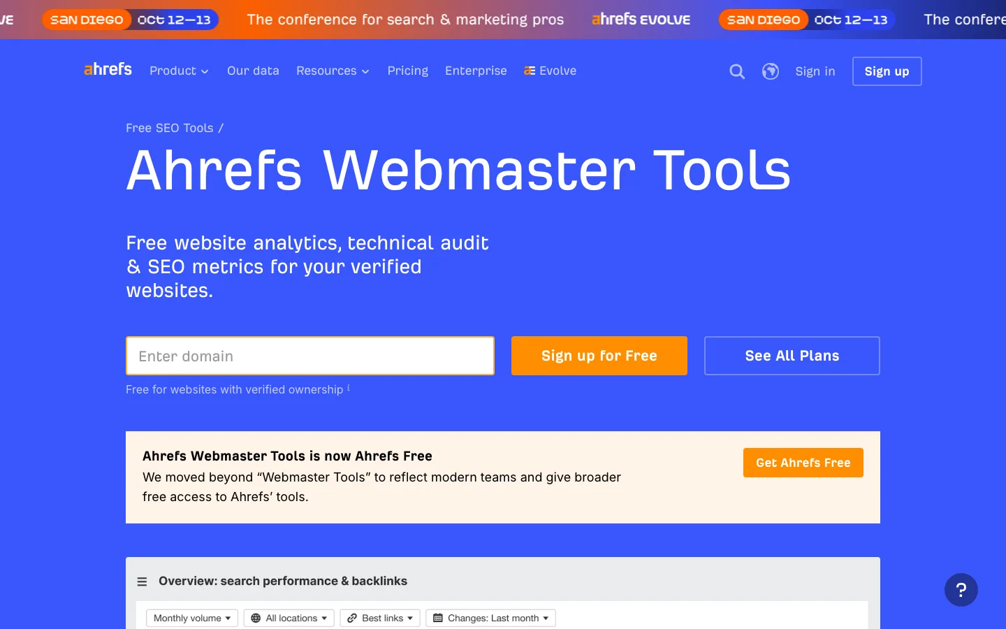 Ahrefs Webmaster Tools page, now called Ahrefs Free, captured 12 October 2026